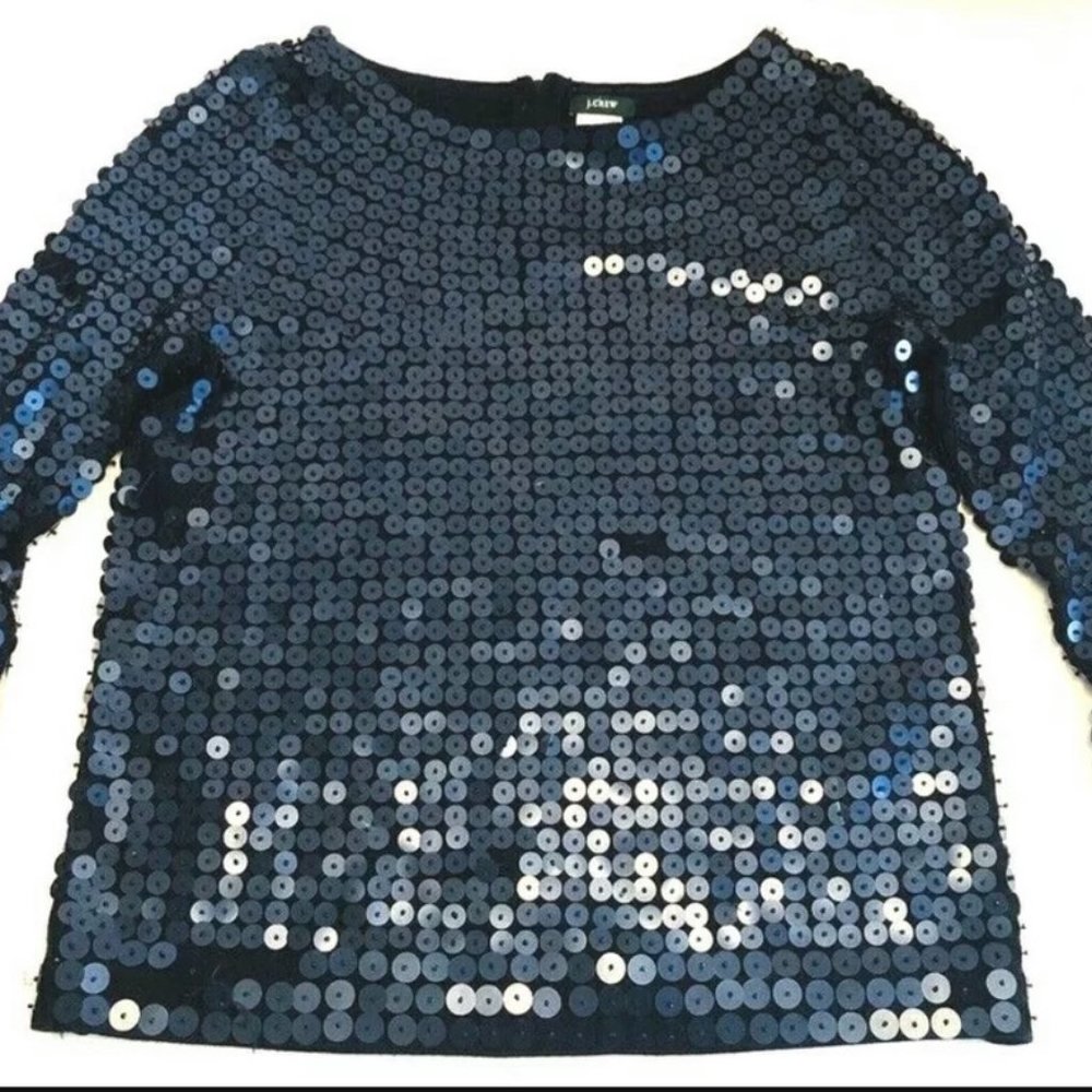 J. Crew Shiny Paillettes Merino Wool Navy Blue Holiday Pullover Sweater XS
